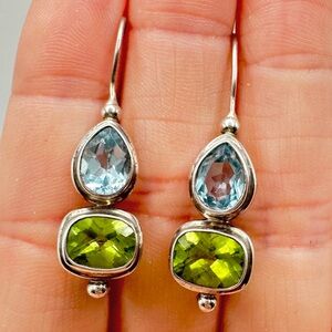 Sterling Silver 925 Vintage Peridot & Blue Topaz Gemstone Earrings Jewelry